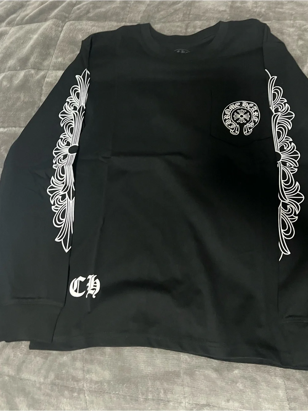Black Chrome Hearts Long-Sleeve Graphic Pocket Sweater with White Sleeve Prints